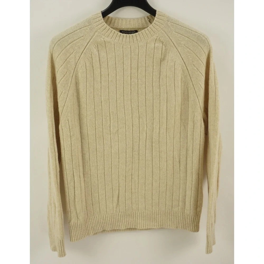 Banana Republic Crew Macro Rib Cable Knit Wool Sweater Men's Large Cream Stretch